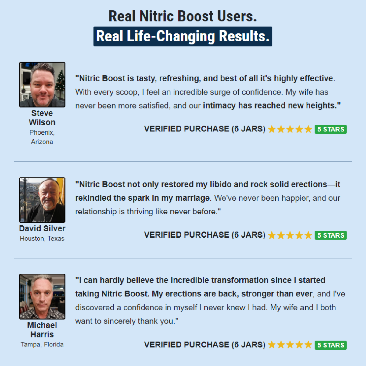 Testimonials from Nitric Boost Ultra users Steve Wilson, David Silver, and Michael Harris.