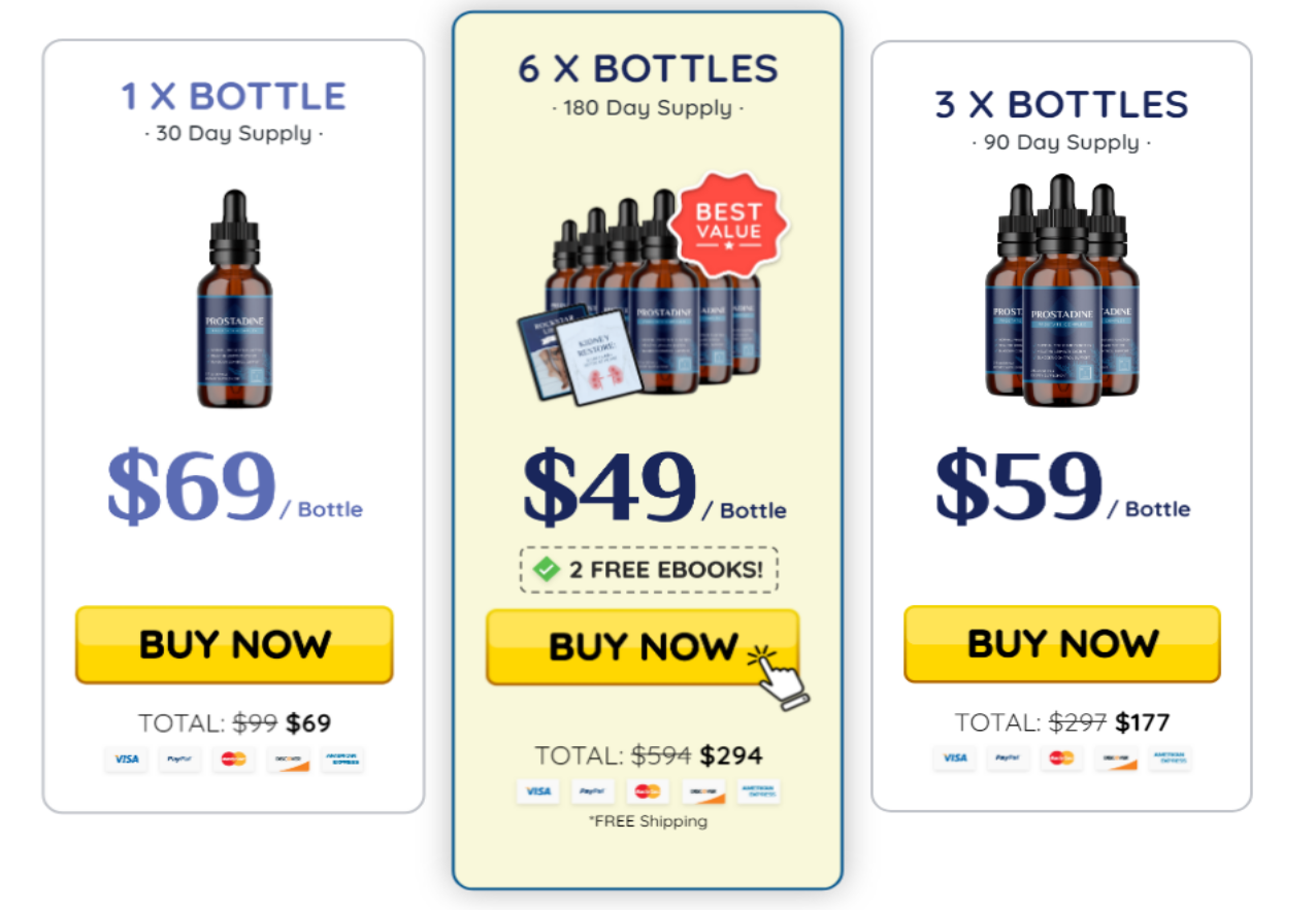 Prostadine Pricing Packages - 1, 3, and 6 bottle options